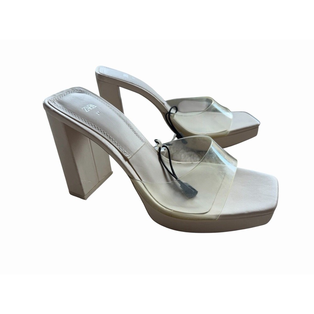 Zara Womens Square Toe Block Heels Size 37 6.5 Cream Wedding Bridesmaid Bridal